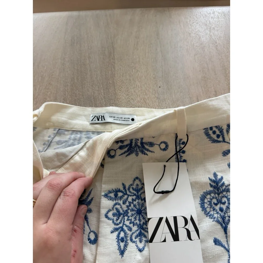 Zara NWT Embroidered Linen Blend Straight Leg Pants Ivory & Blue Pattern Size XS - Picture 5 of 9